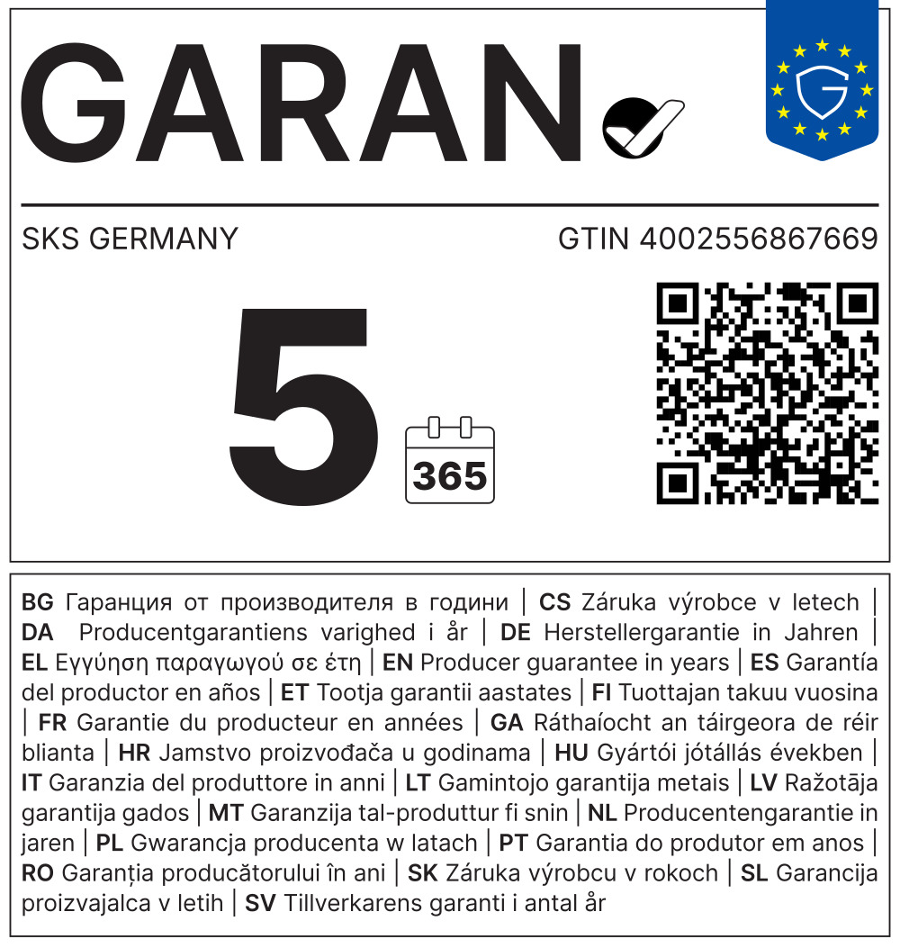 GARAN: 5 Jahre Herstellergarantie von SKS GERMANY für X-GUARD - DOWNTUBE EXTRA WIDE MUDGUARD